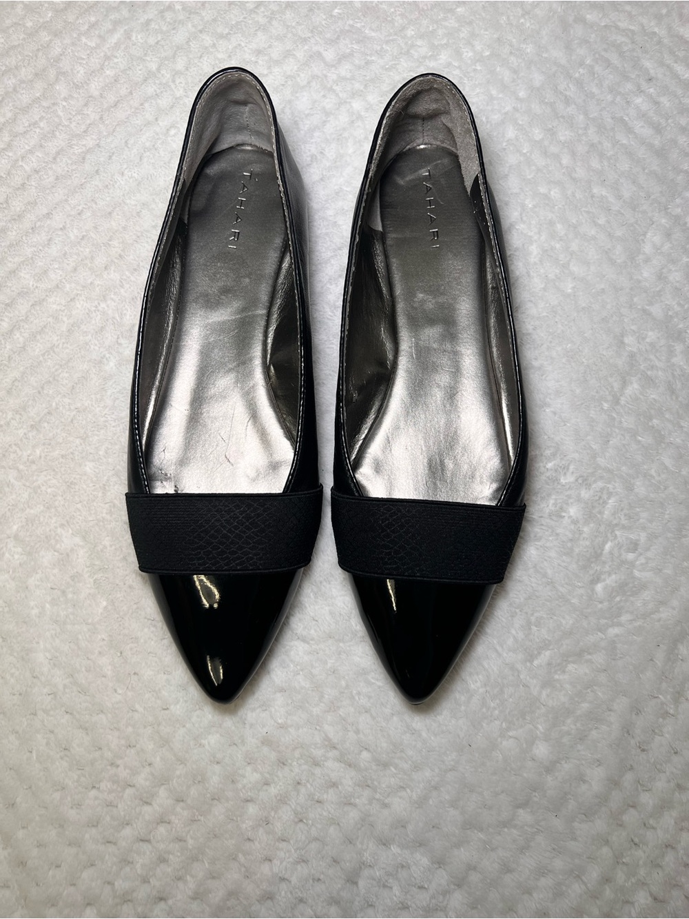 Tahari Eleena Black Pointed-Toe Patent Ballet Flats with Band Detail